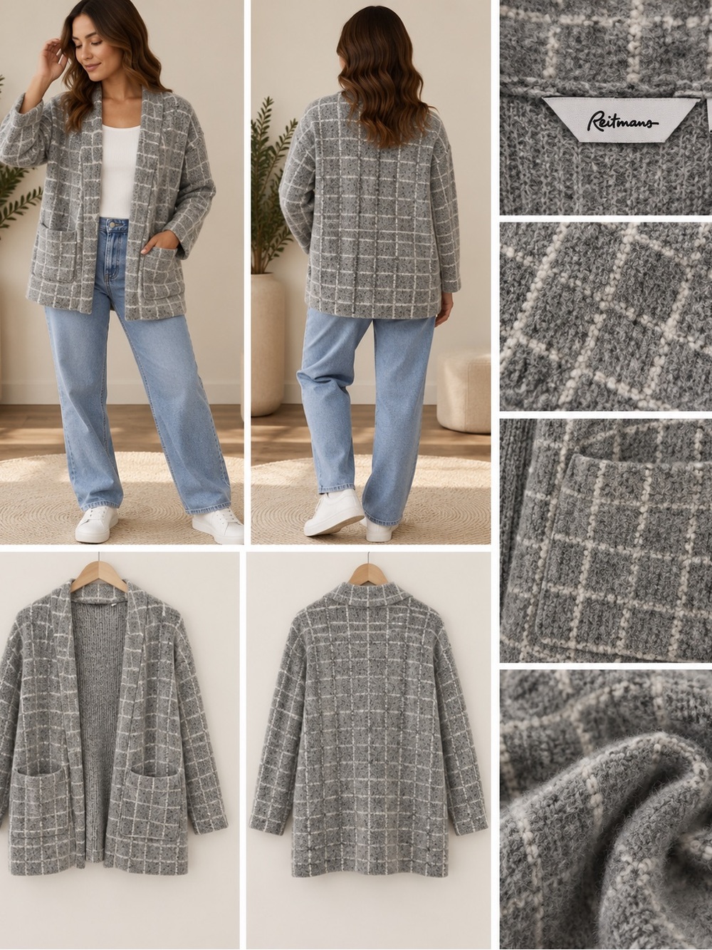 Reitmans Gray Windowpane Open Cardigan Jacket